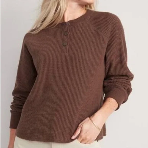 Waffle-Knit Henley Top Henley Sweater Old Navy Peppercorn Color 4X - Picture 1 of 7